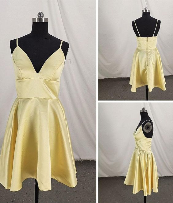 Cute Satin Straps Knee Length Party Dress, Light Yellow Homecoming Dress cg12264