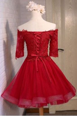 Off Shoulder Short Sleeve Red Lace Cute Homecoming Dress cg12265