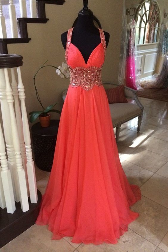 Stunning Sweetheart Long Coral Chiffon Beaded Prom Dress With Straps cg12280