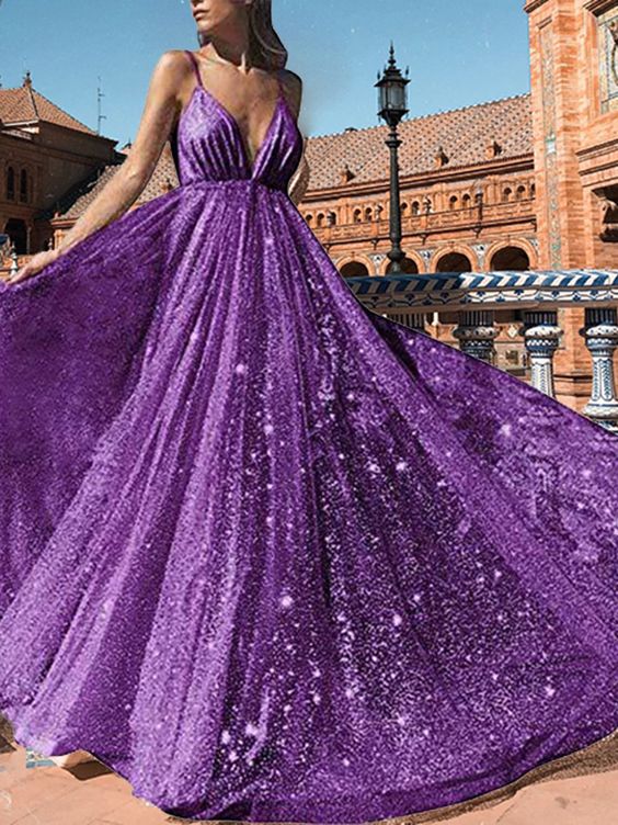 Purple Patchwork Sequin Grenadine Shoulder-Strap V-neck Sleeveless Big Swing Glitter Sparkly Birthday Party Prom Maxi Dress cg12299