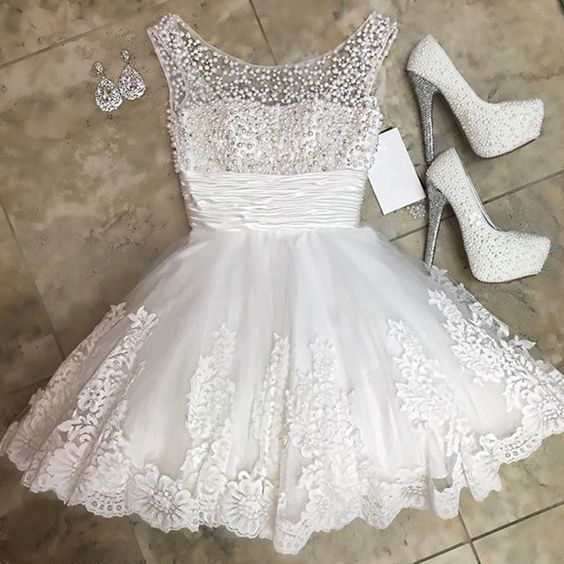 White Homecoming Dress,Short Beading Dress cg12311