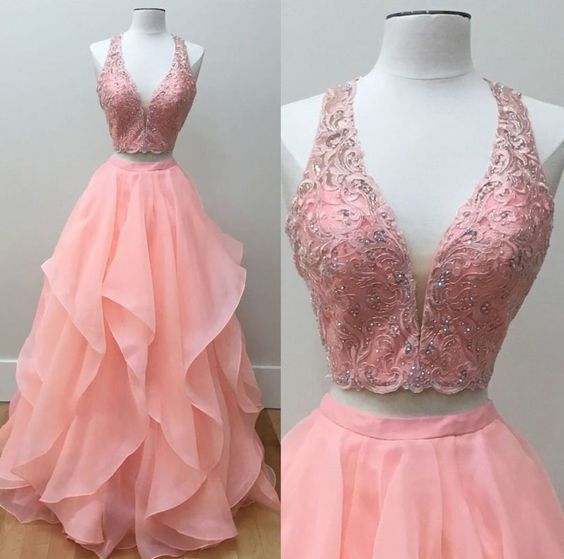 Pink Two Pieces Lace Long Prom Dress, Pink Evening Dress cg12320