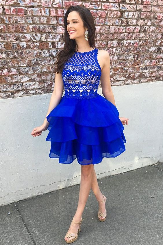 Cute A-line Lace Top Organza Skirt Royal Blue Tiered Short Homecoming Dresses cg12321