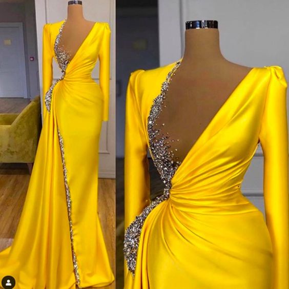 yellow prom dresses 2021 pleats crystal long sleeve a line gold long evening dresses gowns cg12325