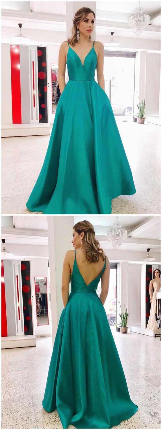 Simple V Neck Green Long Prom Dresses with Pockets, Green Backless Formal Evening Dresses cg12326