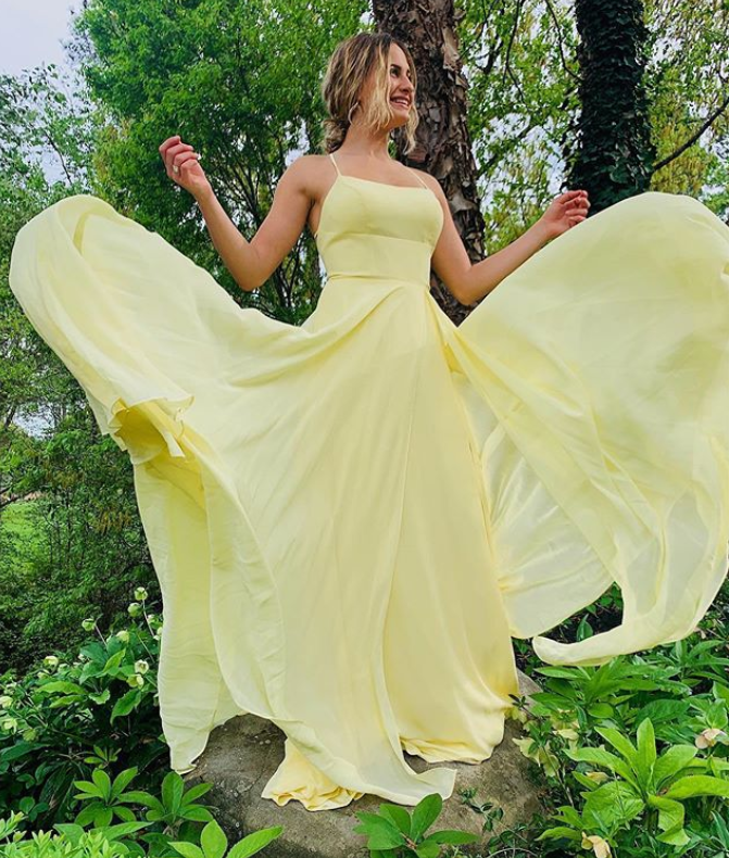 Yellow Prom Dress,A-Line Prom Gown,Chiffon Evening Dress,Spaghetti Straps Prom Gown cg12335
