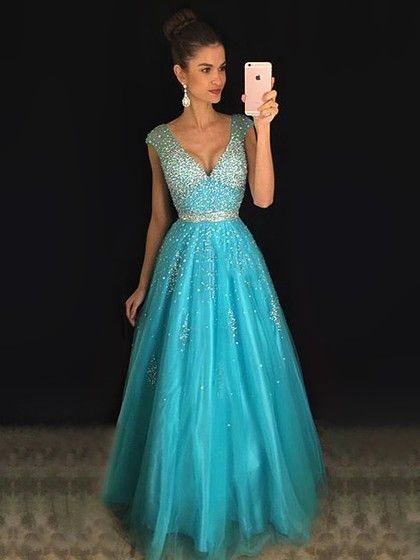 Princess V-neck Tulle Floor-length Beading Prom Dresses cg12339