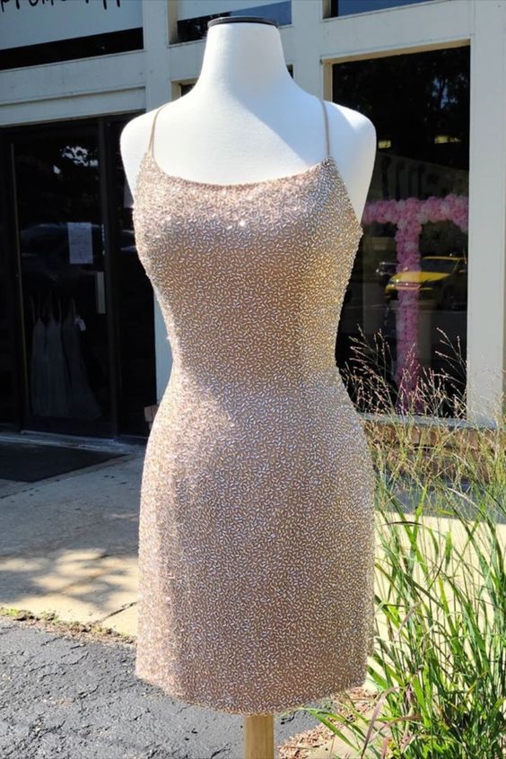 sparkle tight peach cocktail dress homecoming dress with lace up back cg12340