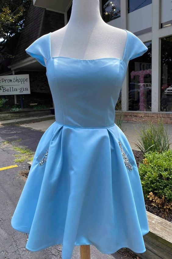 short A-line light sky blue satin homecoming dress with cap sleeves cg12341