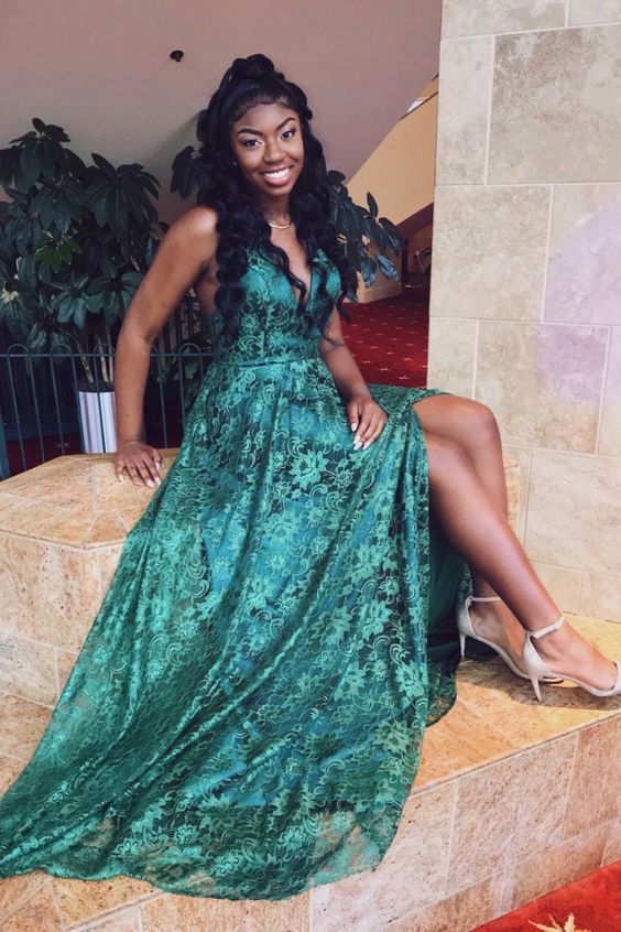 green lace A-line long prom dress with side slit cg12345