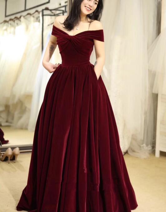 Off Shoulder Long Wine Red Velvet Ball Gown, Charming Party prom Dress cg12371