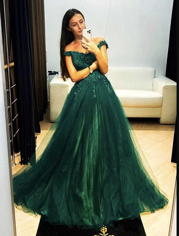 Green tulle lace long prom dress evening dress cg12374