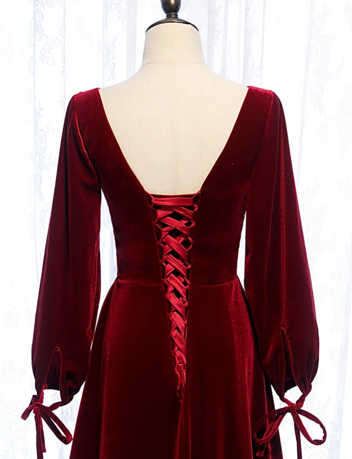 Charming Dark Red Velvet Long Sleeves A-Line Party Dress Party prom Dress cg12376