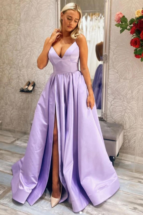 SIMPLE V NECK PURPLE SATIN LONG PROM DRESS PURPLE EVENING DRESS cg12378