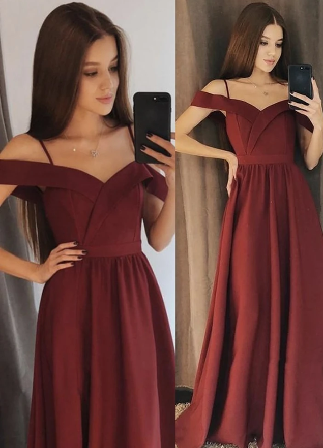 Elegant Off the Shoulder Burgundy Satin Long Prom Dress, Off Shoulder Burgundy Formal Graduation Evening Dress cg12386