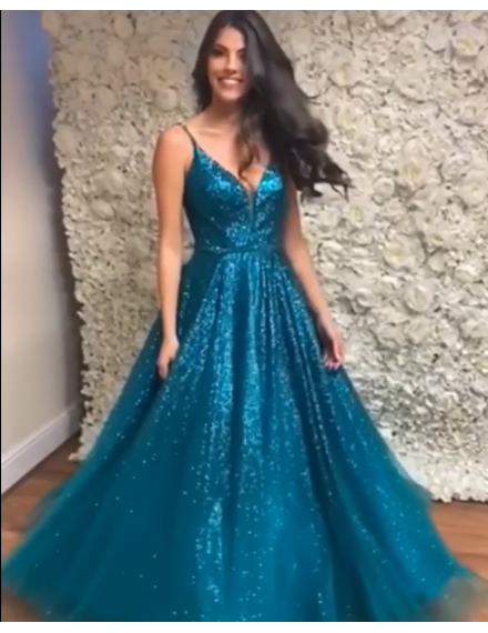 Blue Prom Dress,Sequined Prom Dress,V-Neck Prom Dresses,A-Line Prom Dress cg12395