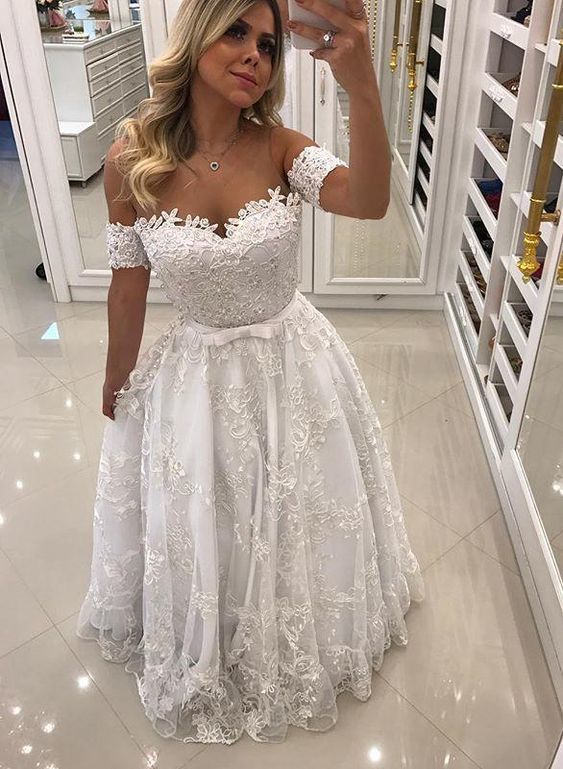 Modern White Beads Lace A-line Evening Dress | Off-the-shoulder Evening prom Gown cg12403