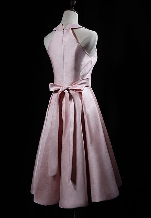 Pink Cute Short Satin Halter Homecoming Dress With Bow cg12410