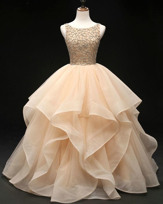 Champagne Tulle Backless Long Multi-layered Ball Gown, Beaded Quinceanera Dress prom dress cg12432