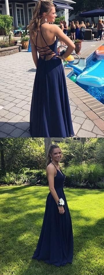 Sexy A Line Navy Long Prom Dress, Open Back Evening Dress cg12440
