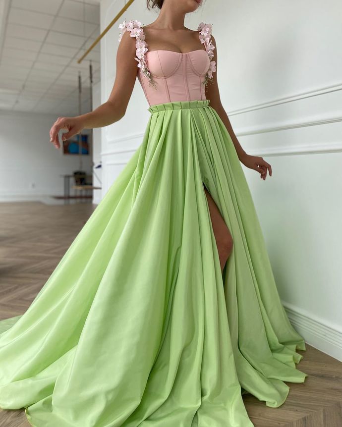 Spring Green Evening Prom Dresses Long Elegant Petals Satin Formal Party Gown with Side Slit cg12443