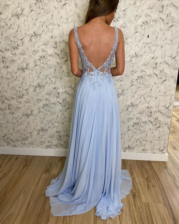 Chiffon A Line Dress Party Evening Gowns V Neck Sky Blue Formal Dresses prom dress cg12447