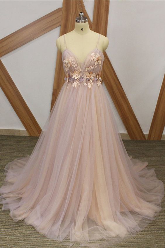 Gorgeous Pink Floral Tulle Long Straps Formal Gown Prom Dresses cg12475