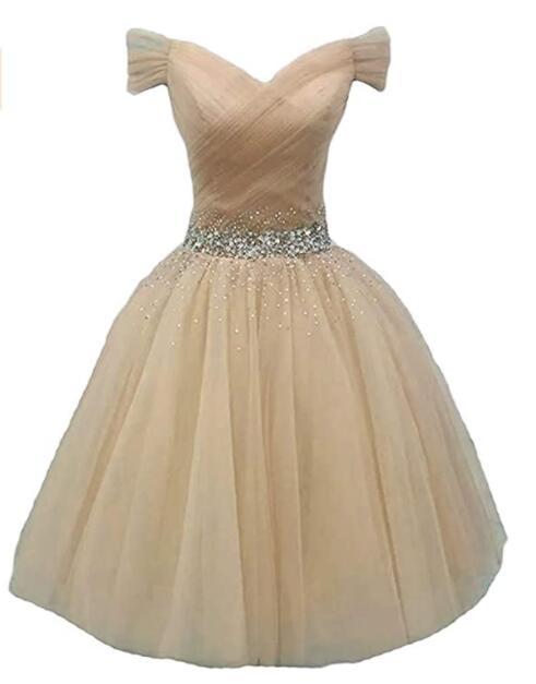 Cute Champagne Beaded Sweetheart Homecoming Dress, Off Shoulder Party Dress cg12477