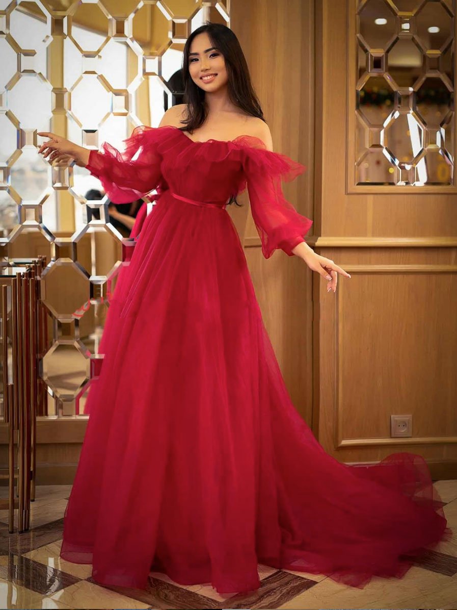 Red tulle long prom dress red tulle formal dress cg12478