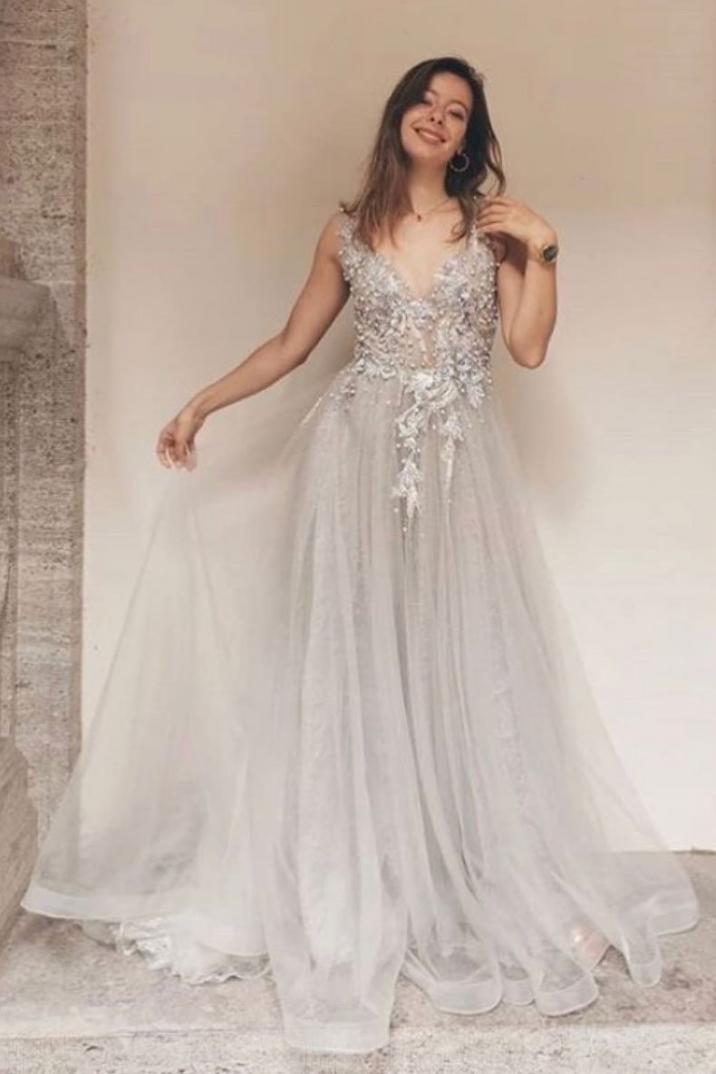 Gray v neck tulle lace long prom dress gray lace formal dress cg12479