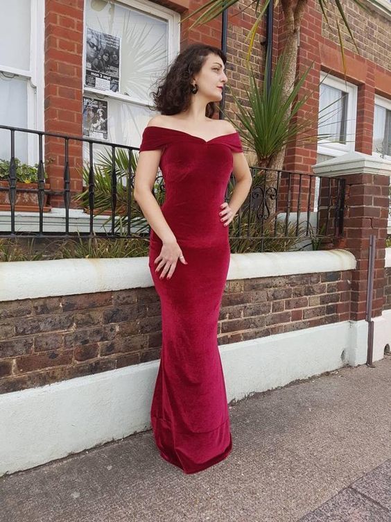 Dark red Velvet off the Shoulder evening Prom Dress cg12483