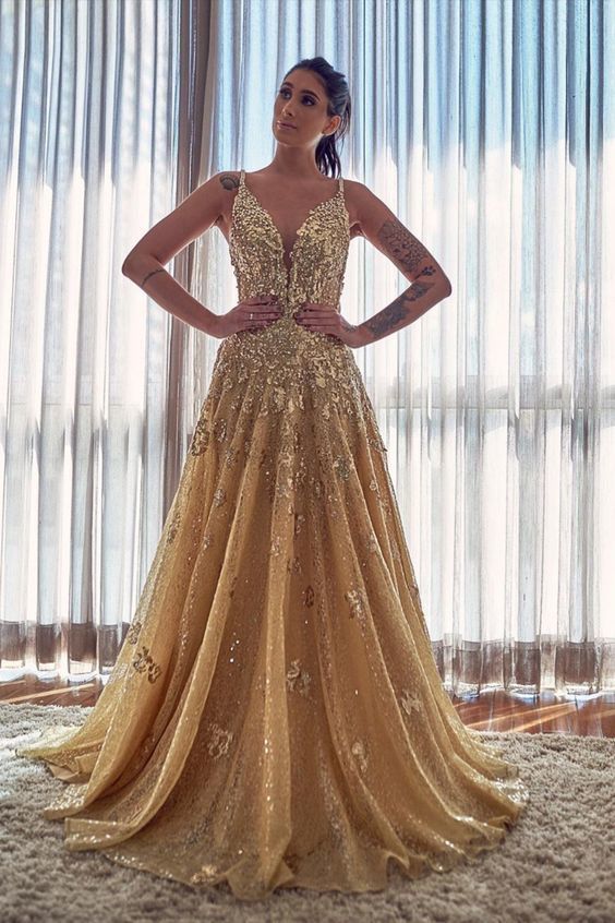 Gold Spaghetti Strap Sequin A Line Prom Dresses With Applique cg12506