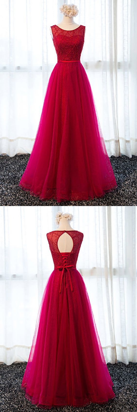 Classy Burgundy Beaded Long Tulle Formal Party prom Dress With Lace Back cg12508