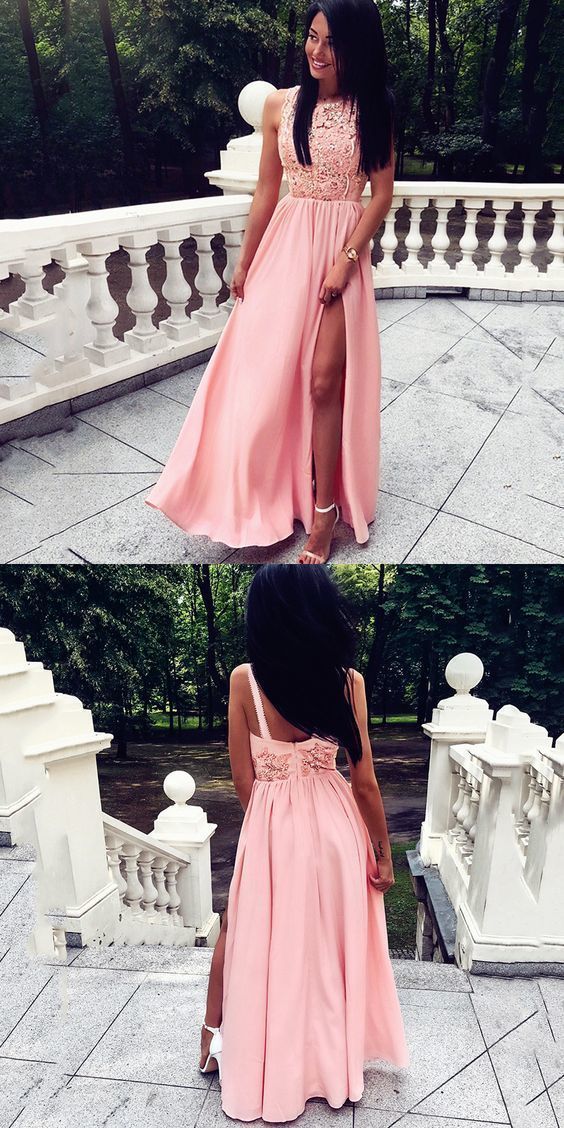 A-Line Split Front Floor-Length Pink Beaded Prom Dress with Lace cg12516