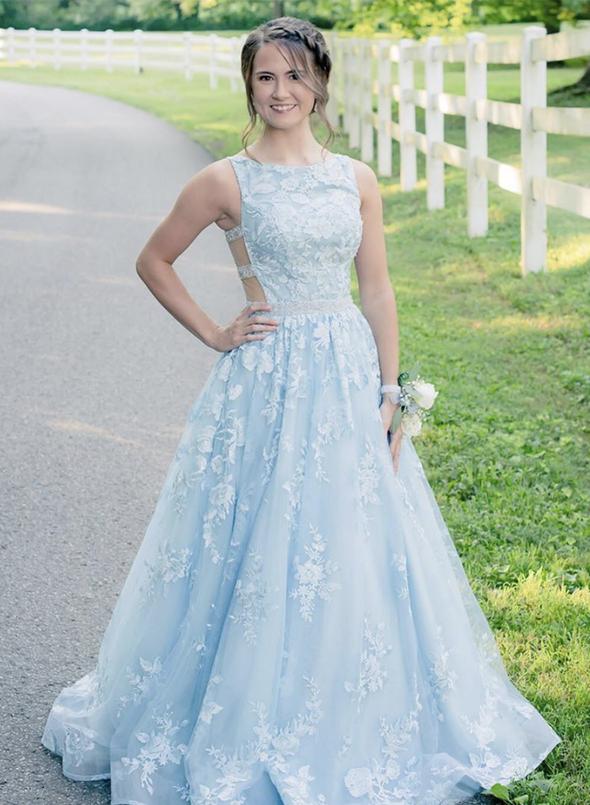 Blue tulle lace long prom dress evening dress cg12521