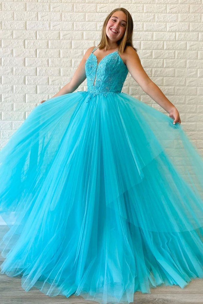 BLUE V NECK TULLE LONG PROM DRESS BLUE TULLE FORMAL DRESS cg12528