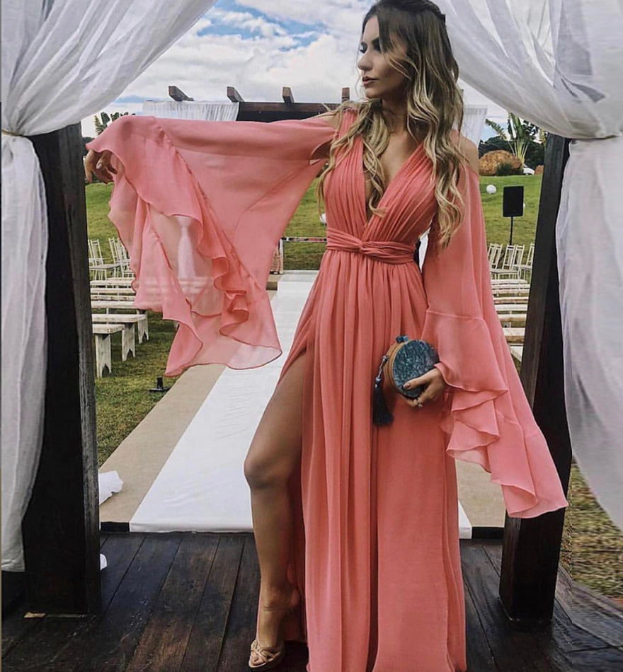 STYLISH V NECK CHIFFON LONG PROM DRESS EVENING DRESS cg12557