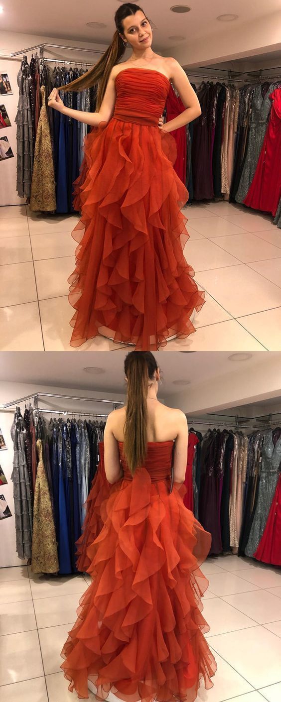 Charming Strapless Ruffles Red Prom Dress, Long Evening Party Dress cg12584