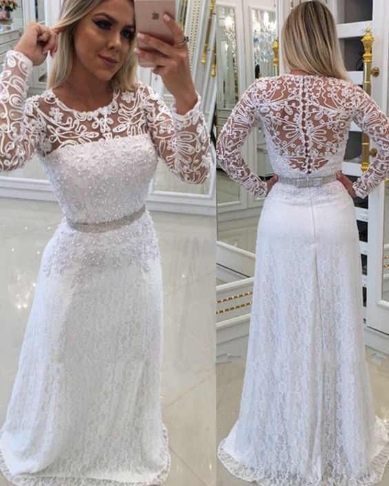 White Scoop Buttons Lace Long-Sleeves Evening prom Dress cg12589
