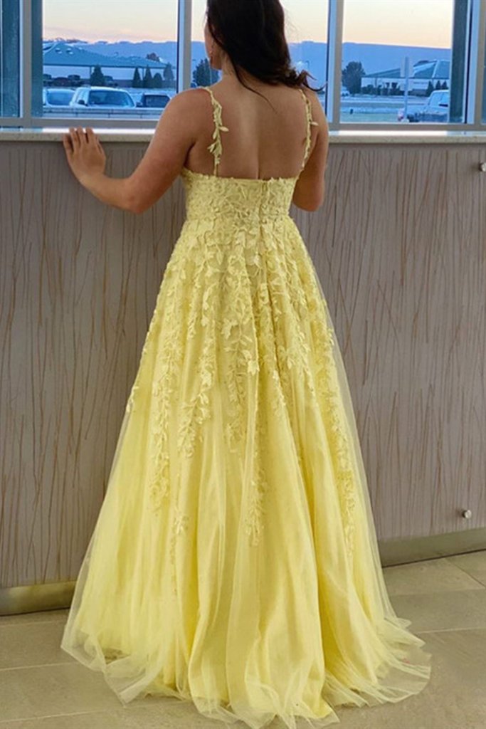 A Line V Neck Open Back Yellow Lace Long Prom Dress, Yellow Lace Formal Graduation Evening Dress cg12600