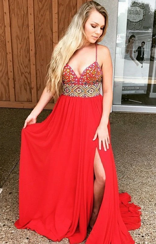 Charming Split Slit Red Prom Dress, Sexy Sleeveless Long Evening Dress cg12601