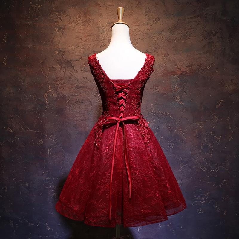 Wine Red Short Lace Cute Homecoming Dress, V-Neckline Lace-Up Teen Party Dress cg12616