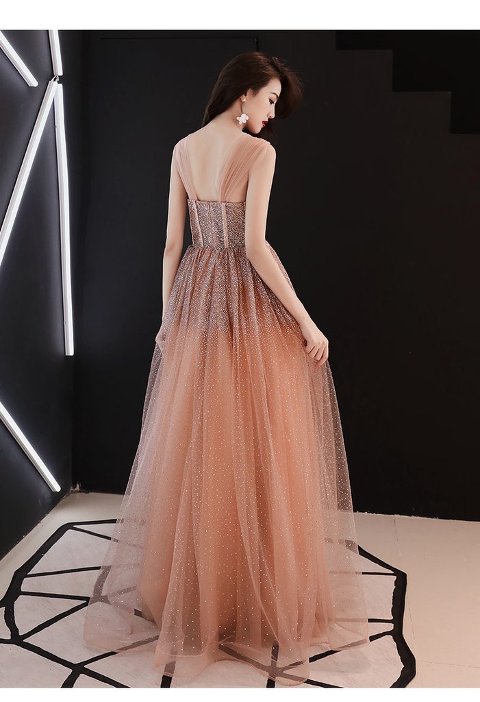 Sparkly Off Shoulder A-Line Sequins Peach Long Prom Dress, Tulle Evening Gown cg12618