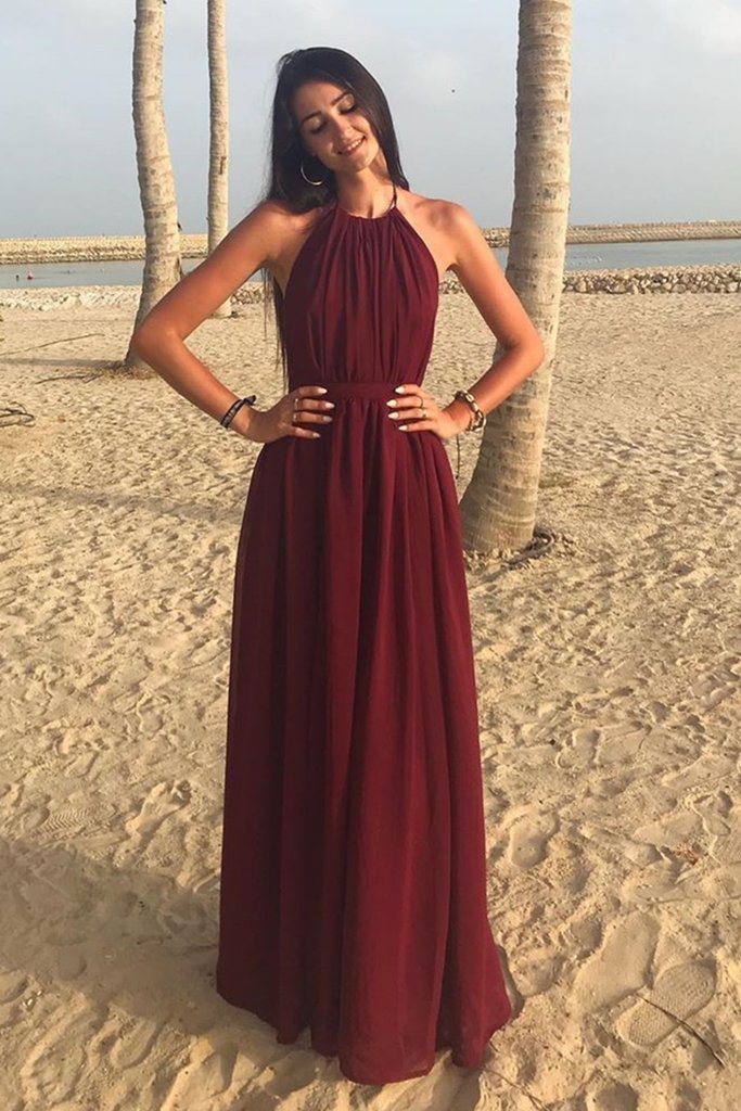 A Line Halter Neck Burgundy Long Prom Dress, Halter Neck Burgundy Formal Graduation Evening Dress cg12627
