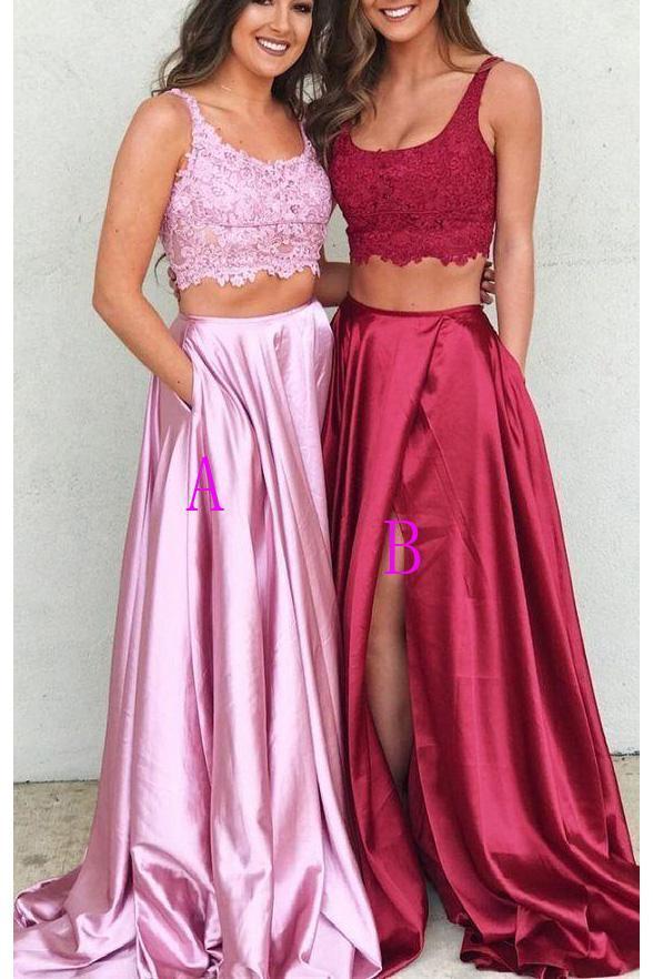 Two Piece A Line U Neck Pink Slit Lace Long Prom Dresses Formal Evening Dress cg12637