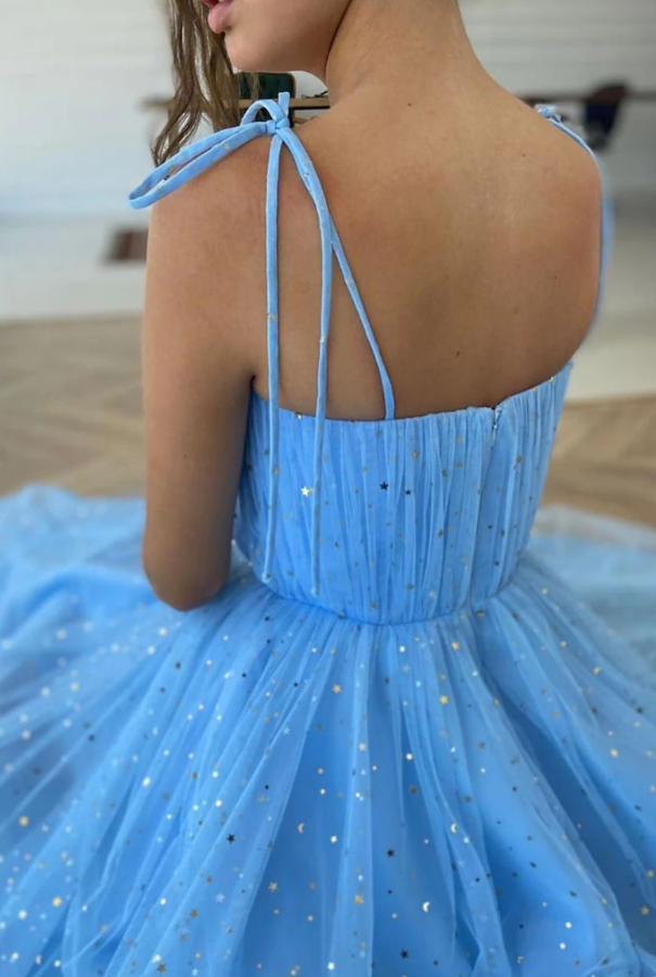 BLUE SWEETHEART TULLE TEA LENGTH PROM DRESS BLUE TULLE FORMAL DRESS cg12696