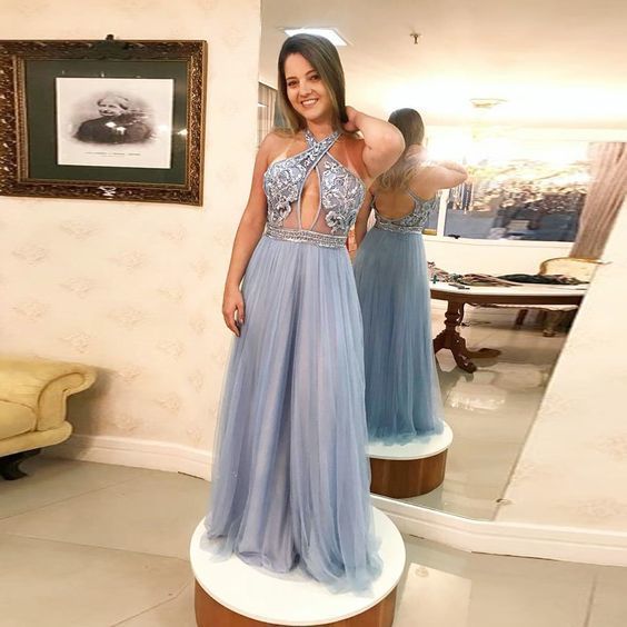 Halter Prom Dress For Girl A Line Formal Gown Long Beaded Bodice Open Back cg12699