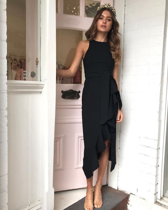 Sheath Round Neck Black Satin Irregular Hem Long Pencil Work Dresses,Party Dresses Prom Dress cg12707