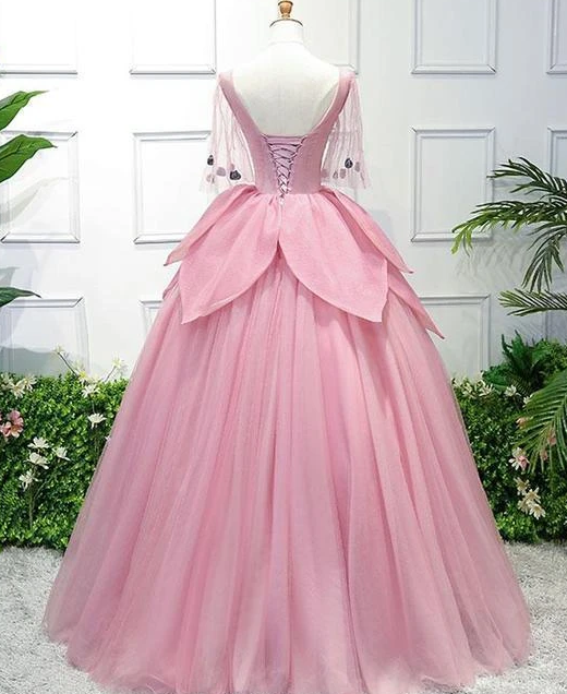 Pink Tulle Ball Gown Lace Sweet 16 Dress, Pink Quinceanera prom Gown With Flowers cg12714