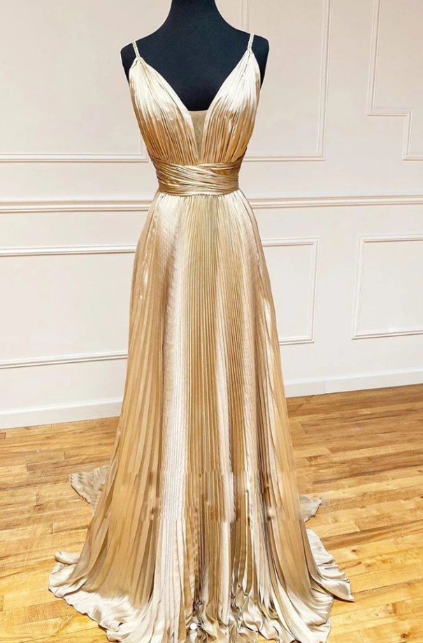 Simple v neck satin long prom dress champagne evening dress cg12715